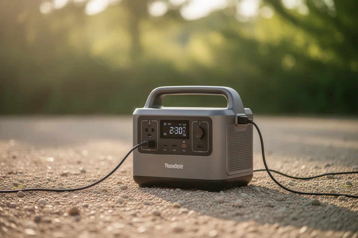Portable power station being charged by a solar panel in sunlight