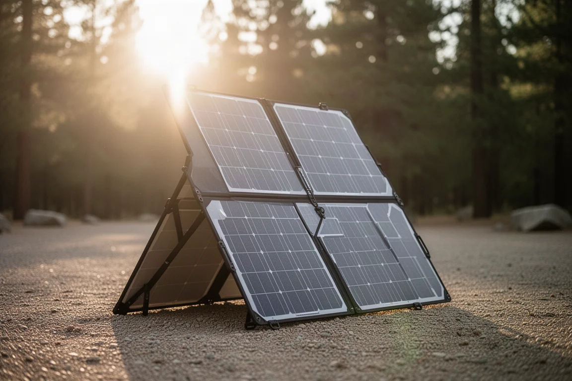 Folding solar panel set up and tilted toward the afternoon sun