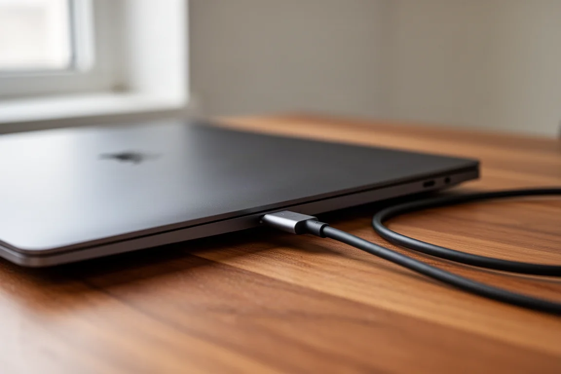 暖かな木製のデスクの上で、ノートPCのポートに差し込まれたケーブルコネクタ