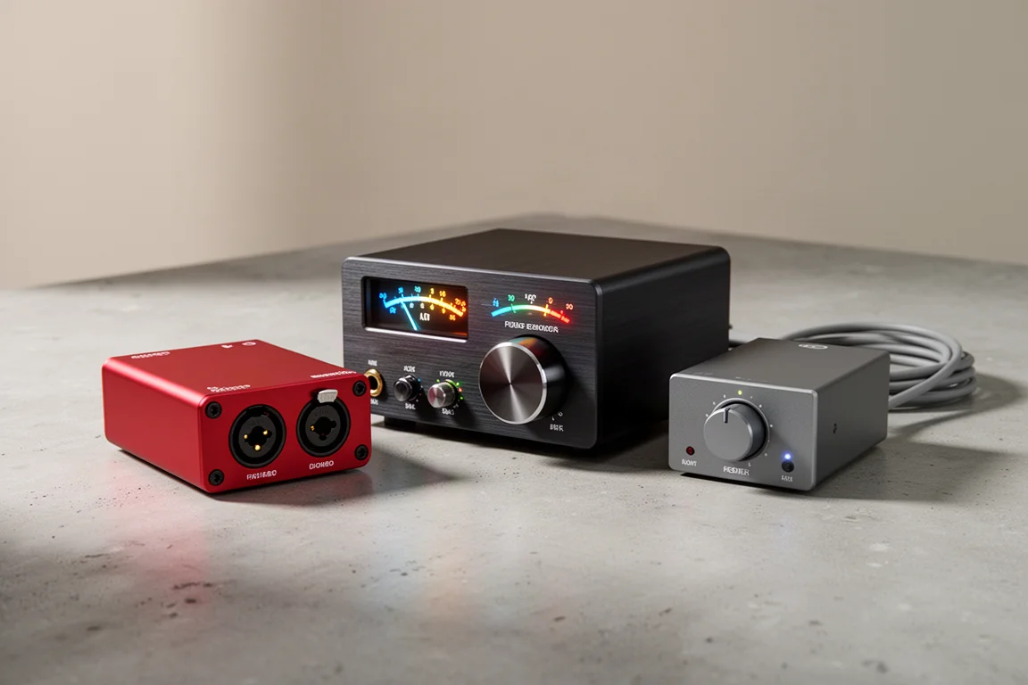 Three desktop audio interfaces arranged on a concrete surface with a coiled cable