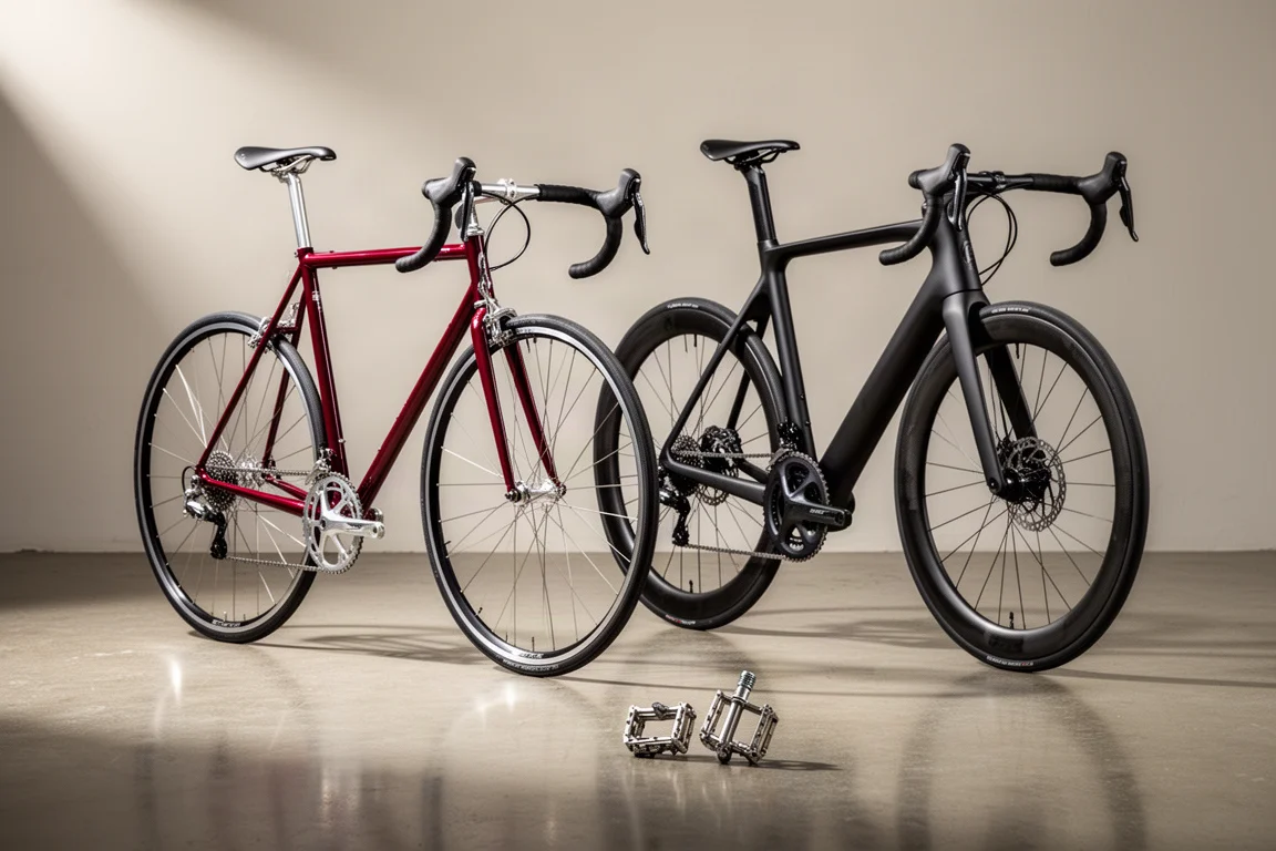 Una classica bici da strada in acciaio e una moderna bici da strada in carbonio esposte fianco a fianco con i pedali