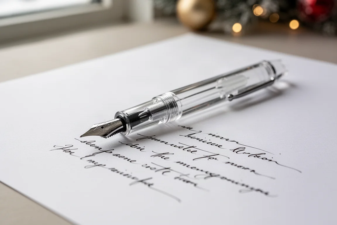 冬の柔らかな光の中、なめらかな白い紙に万年筆で書いている様子