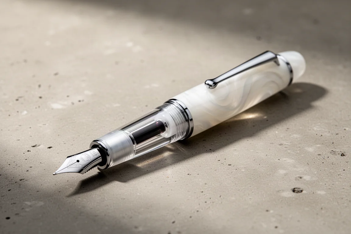 Clear swirl fountain pen with steel nib on a matte concrete surface