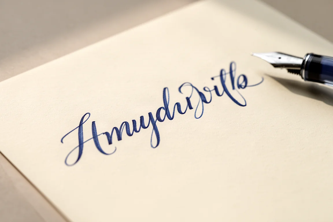 Campione di inchiostro scritto a mano in blu su carta color crema