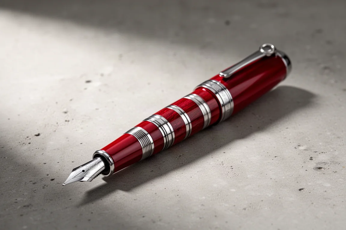 Stilografica rossa in stile bambù con finiture in palladio su una superficie in cemento