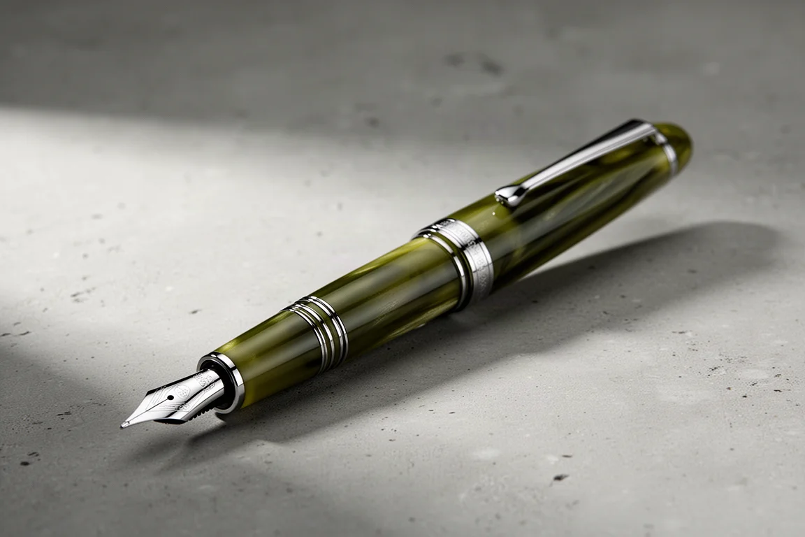 Glossy olive-green Tibaldi Bononia fountain pen with palladium trim on concrete