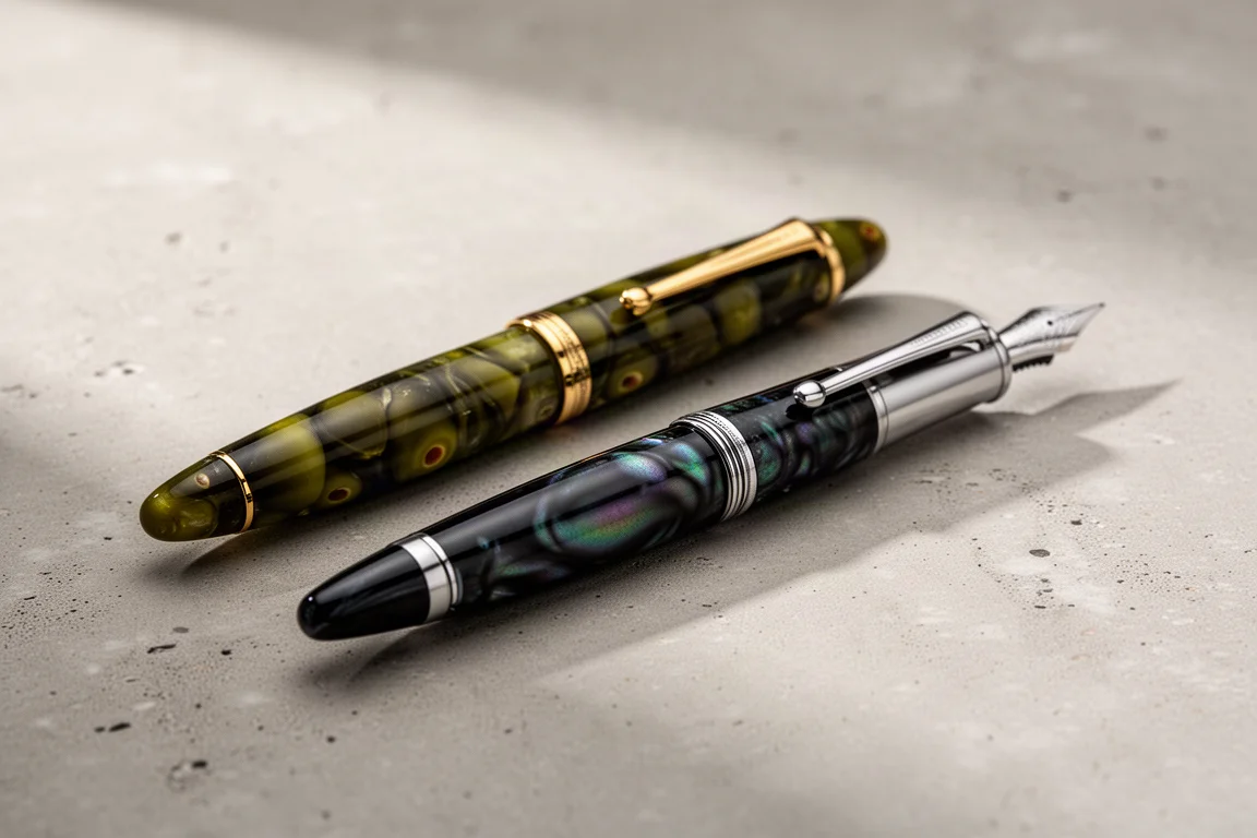 Two Italian fountain pens with marbled resin bodies lying side by side on a concrete surface