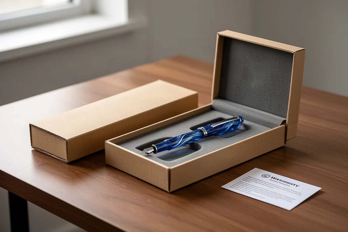 Open presentation box with a fountain pen resting in a removable pen bed