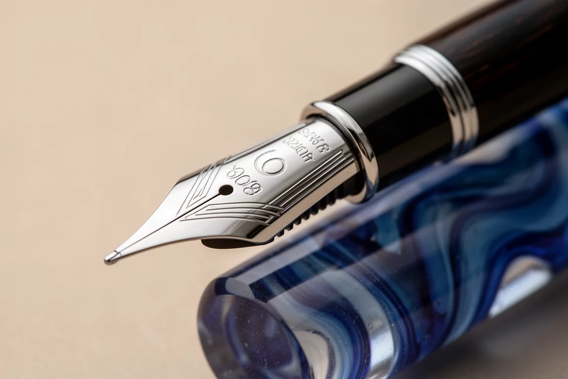 Close-up of a stainless steel fountain pen nib with an ebonite feed