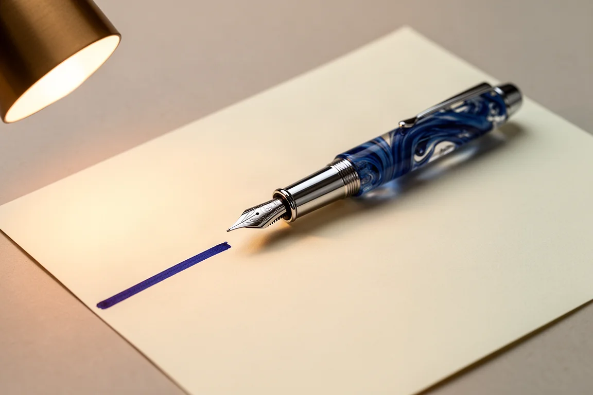 Fountain pen writing a line of blue ink on cream paper