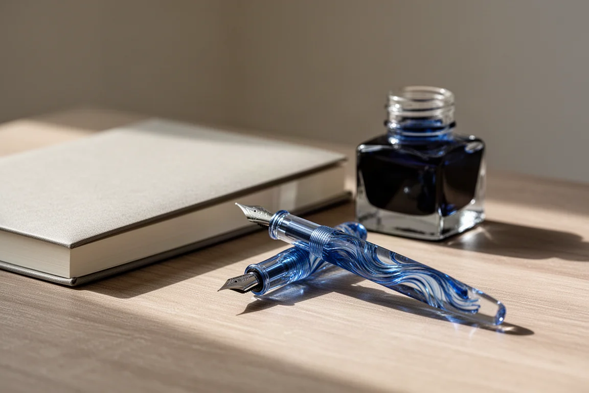 Writing desk with a fountain pen, ink bottle, and notebook in soft afternoon light