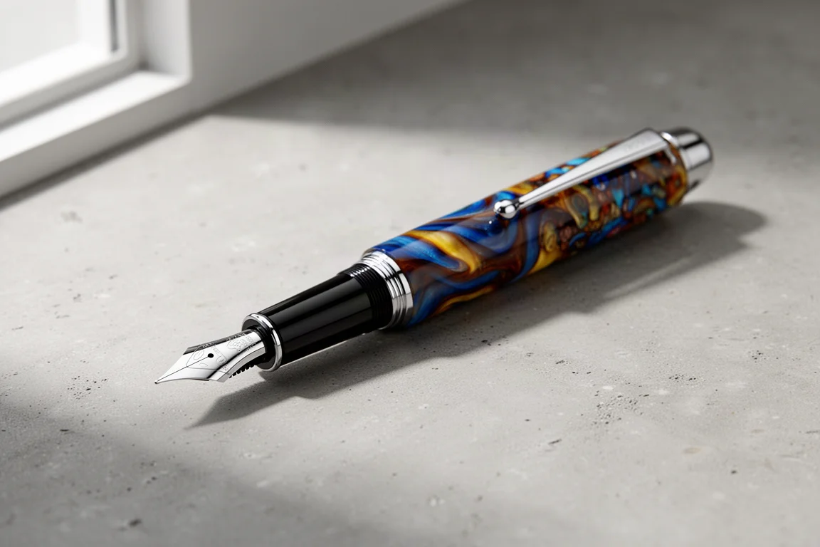 Tibaldi Infrangible fountain pen with swirly blue acrylic body and steel nib on concrete