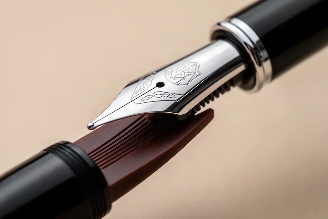 Stalen vulpenpunt met ebonite voeding in close-up