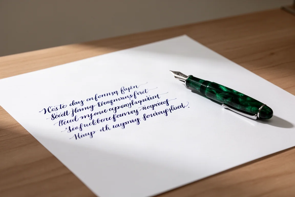 Handschriftelijke schrijfproef met een medium vulpenpunt op wit papier