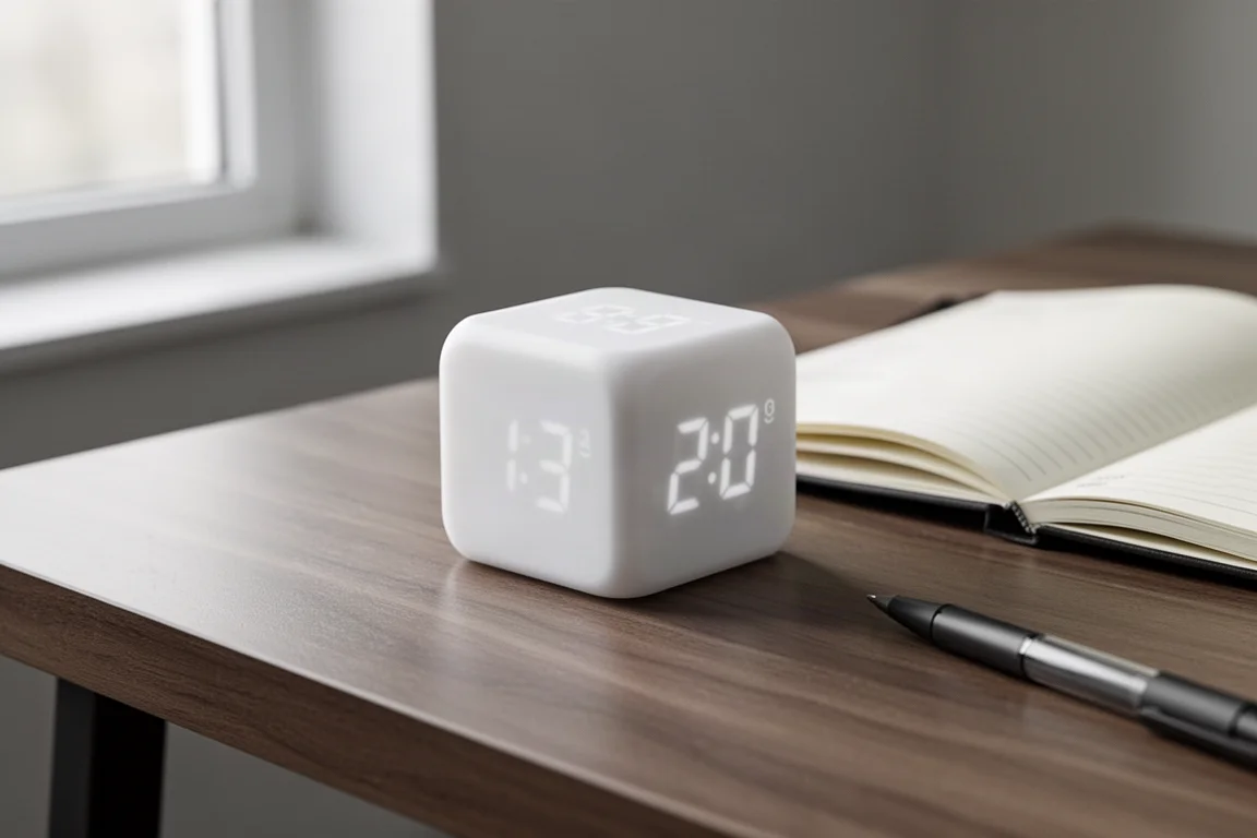 White cube timer on a wooden desk beside an open notebook