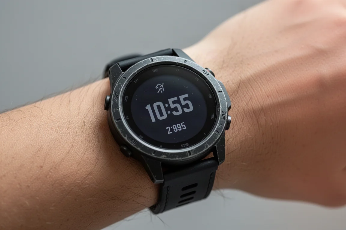 Smartwatch rugged al polso che mostra il display a doppio strato cambiare modalità