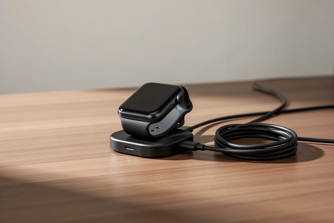 Smartwatch appoggiato su un cavo di ricarica magnetico a due poli