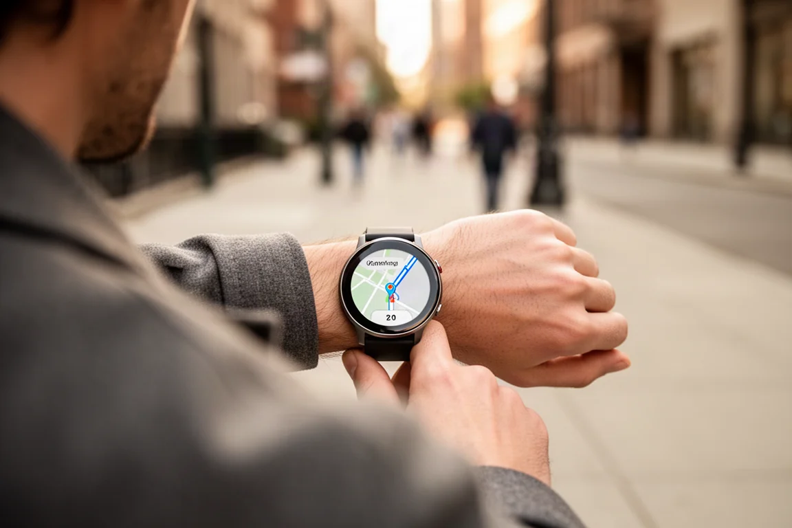Percorso di navigazione a piedi mostrato sullo schermo dello smartwatch durante una camminata in città
