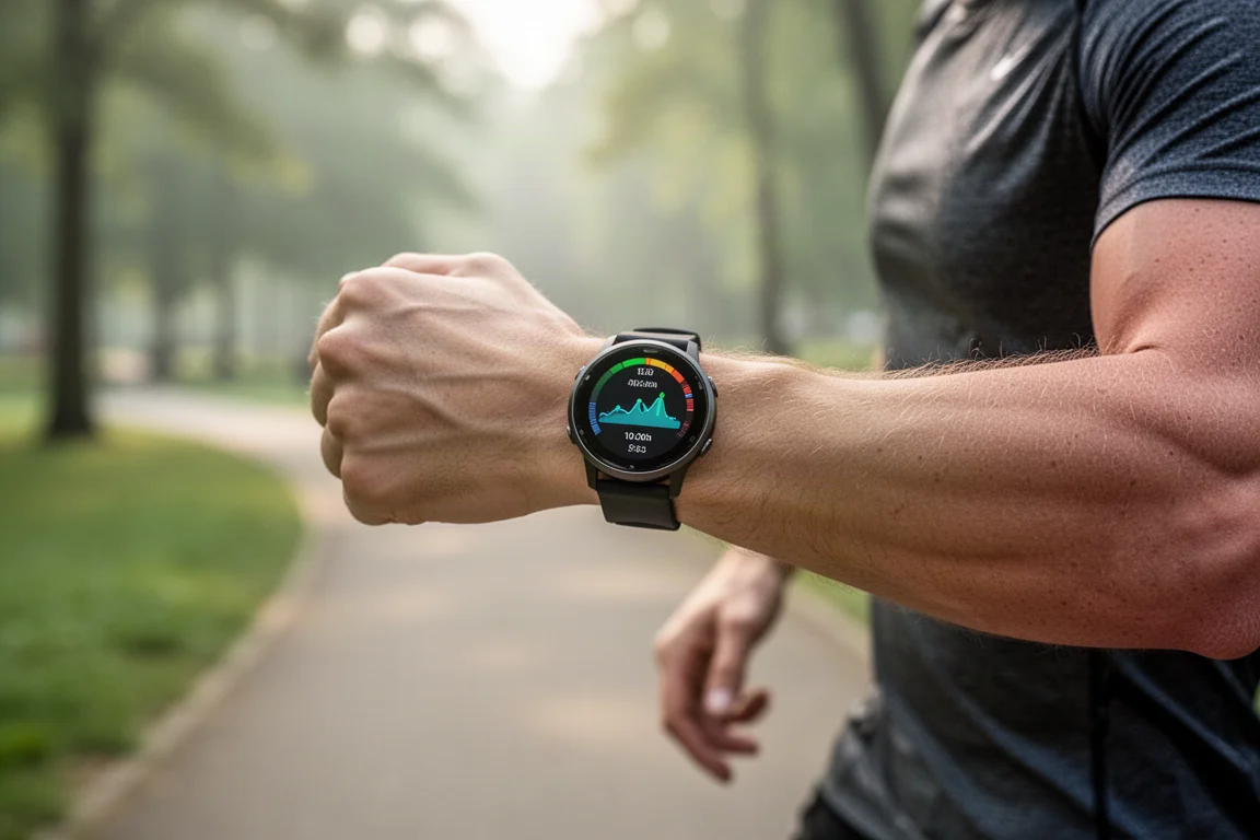Runner che controlla il monitoraggio dell'attività su uno smartwatch prima dell'allenamento