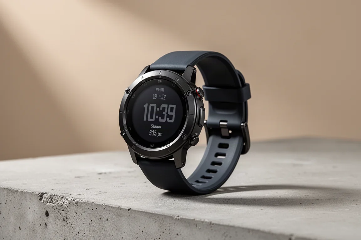 Rugged round smartwatch with black strap standing on a concrete surface