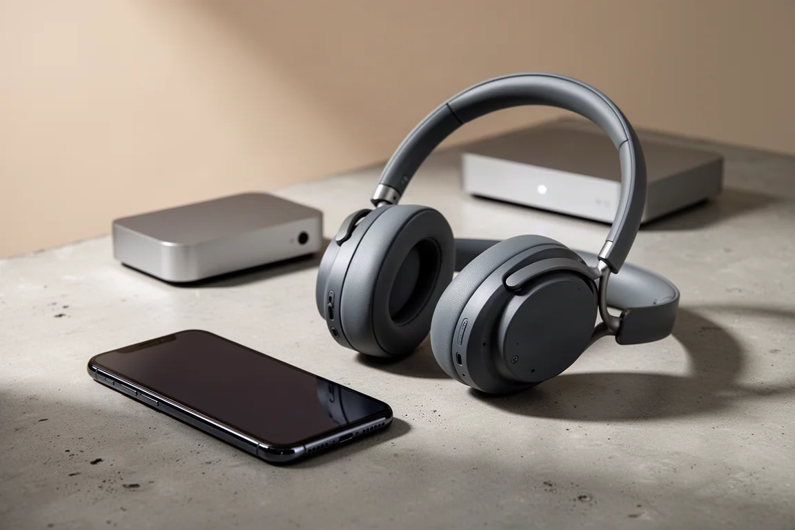 Smartphone, over-ear headphones and a compact network streamer on a concrete surface
