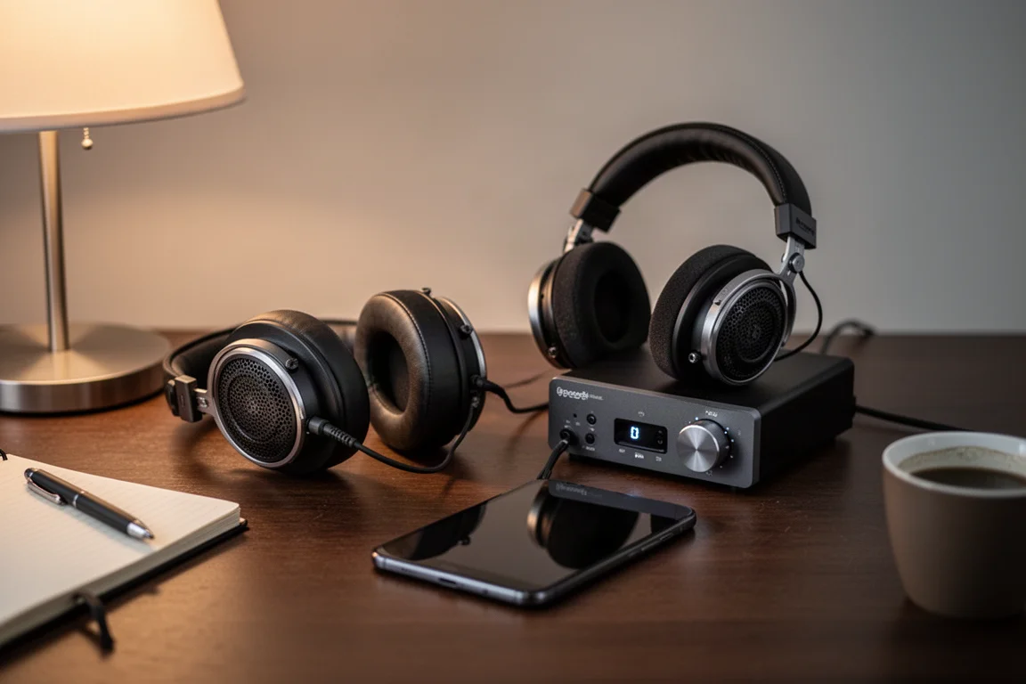 Escritorio de escucha nocturna tranquila con auriculares, amplificador de escritorio y un teléfono boca abajo