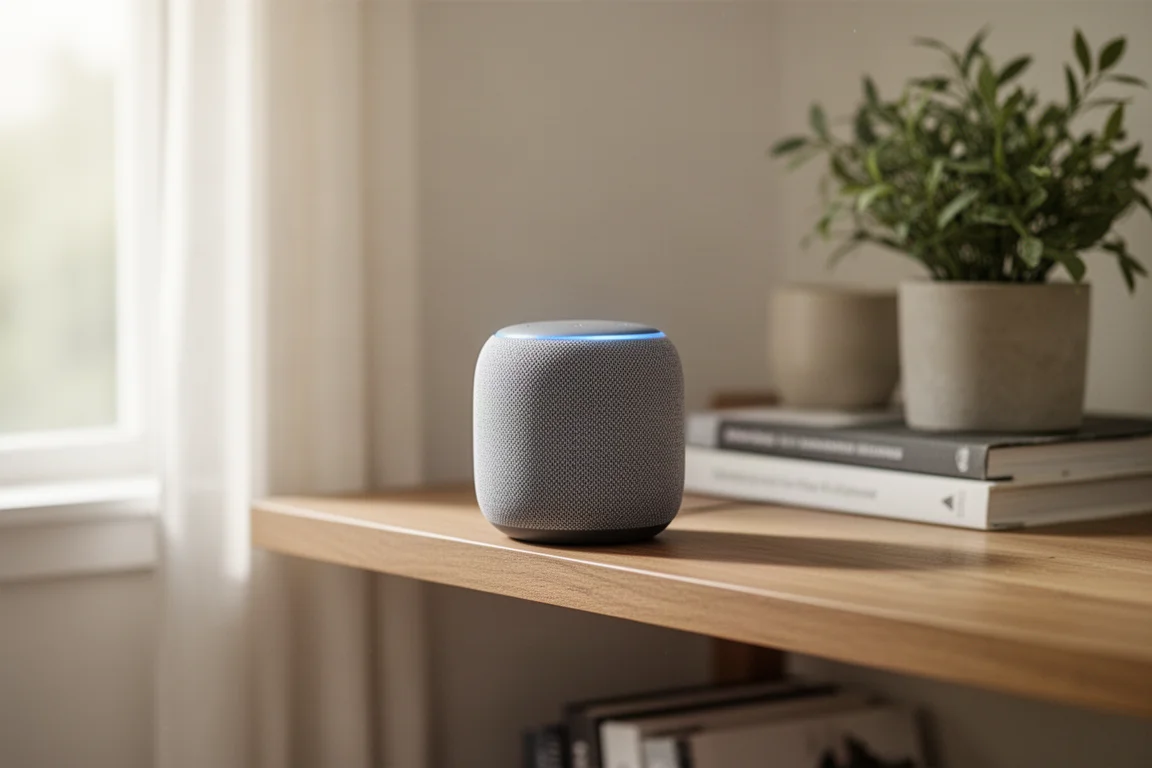 Altavoz inteligente compacto forrado en tela sobre una estantería de madera en un salón luminoso