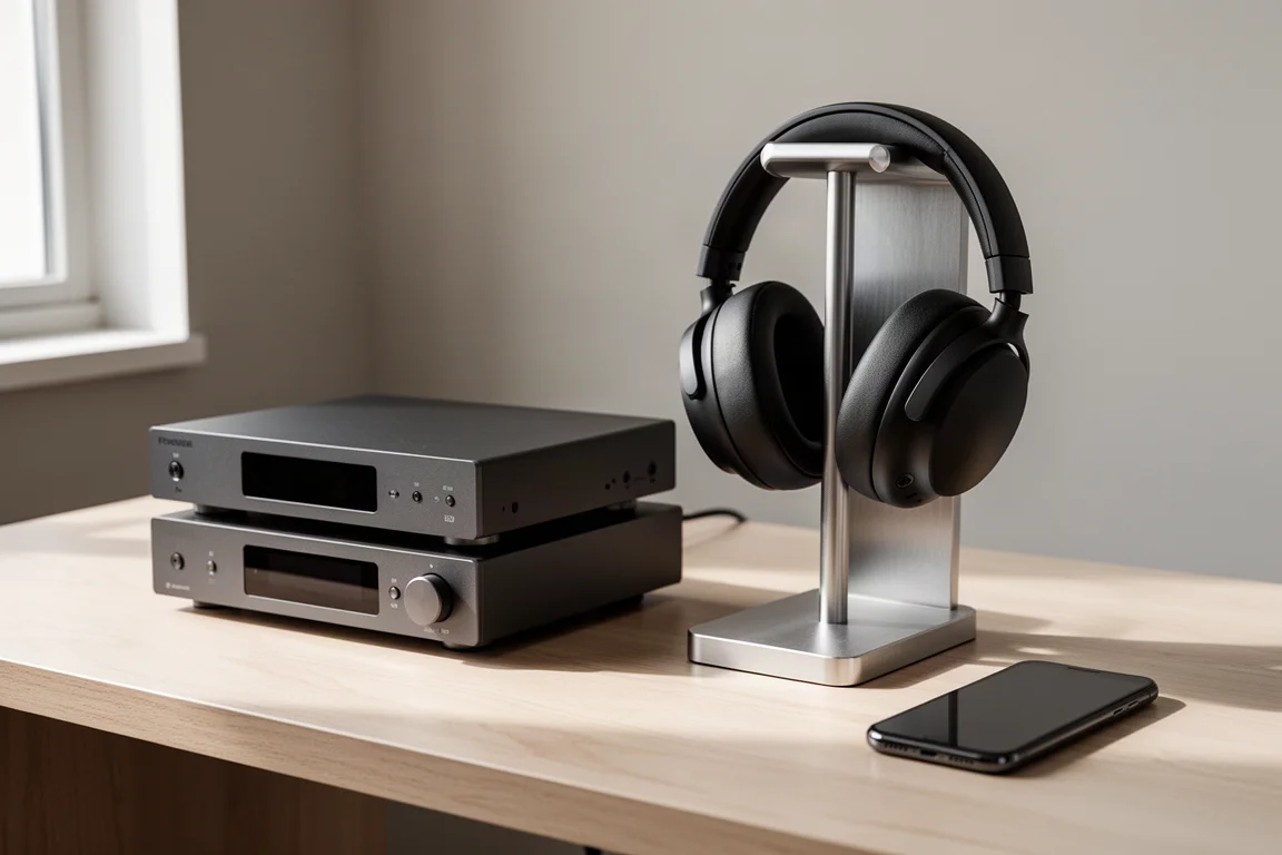 Desktop hi-fi setup with a streamer, headphone amplifier, headphones on a stand, and a phone