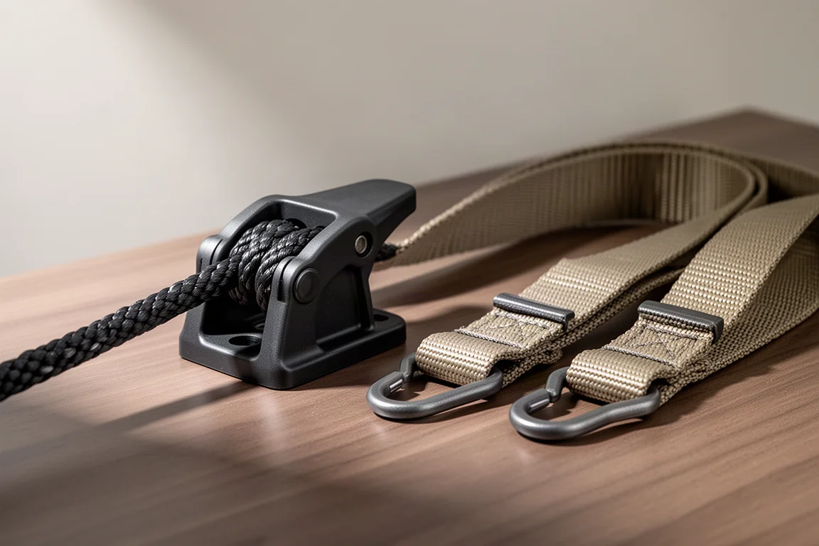 Tie Boss rope cleat mechanism with sling straps on a brushed wood surface