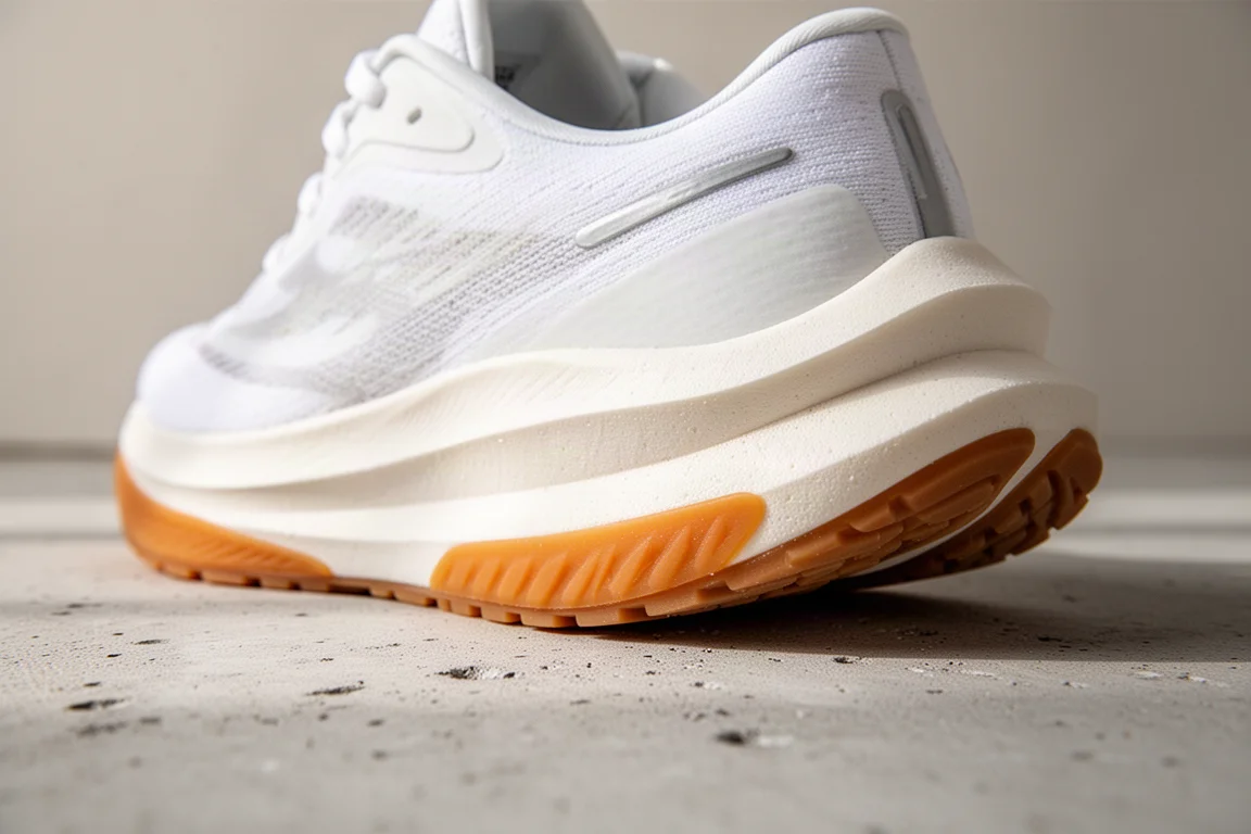 White running shoe with gum outsole on a bright neutral surface