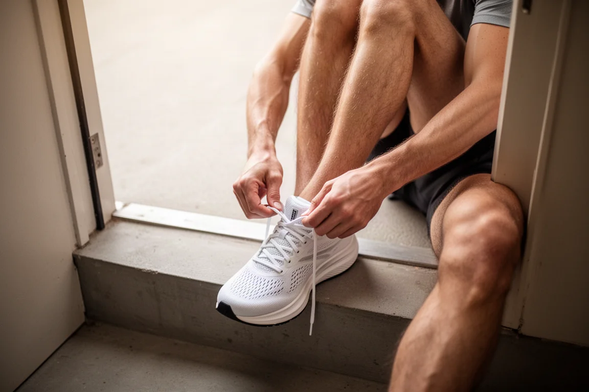 Runner tying laces on a white running shoe before an easy run