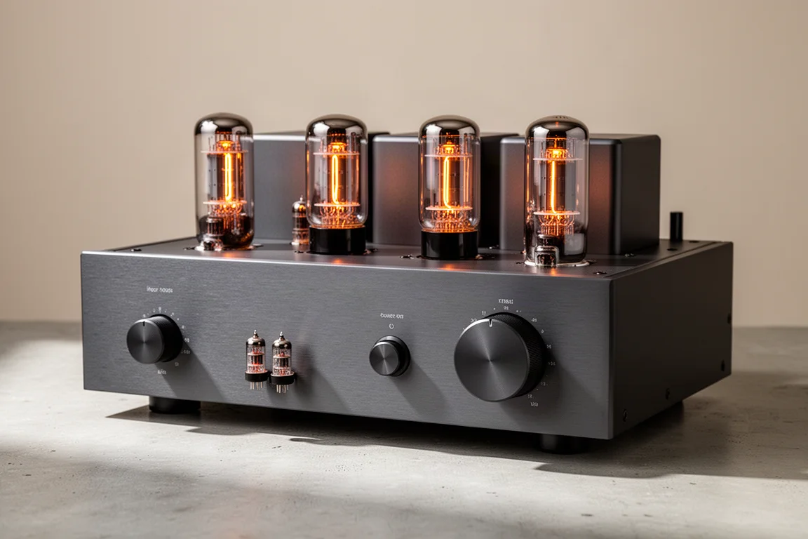Gunmetal grey integrated tube amplifier with four glowing KT88 tubes on a concrete surface