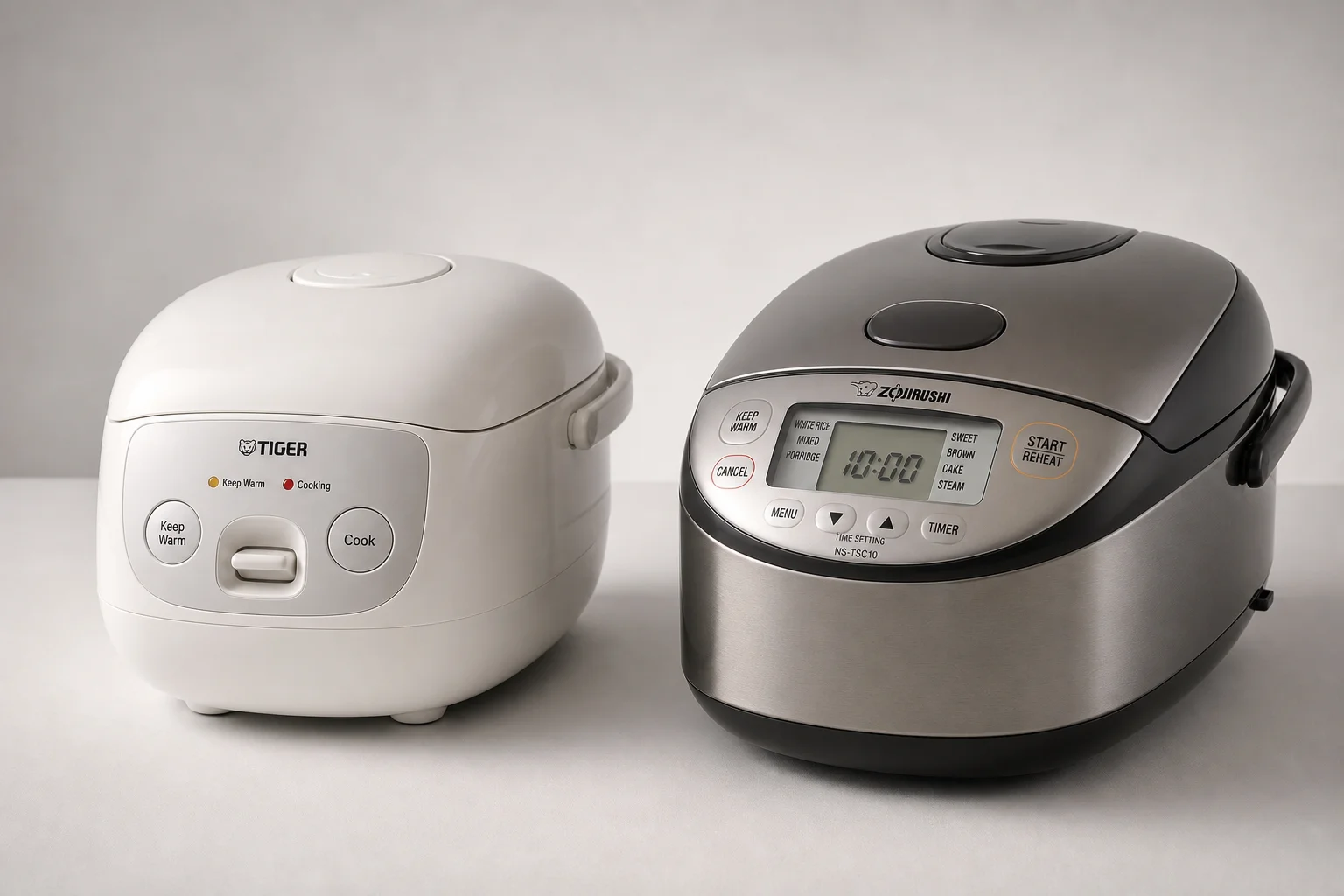 Tiger and Zojirushi rice cookers side by side on neutral background