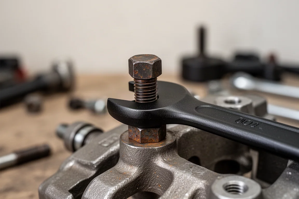 Abgesetzter Ringschlüssel greift einen korrodierten Schraubenkopf an einem Bremssattel während einer Werkstattarbeit