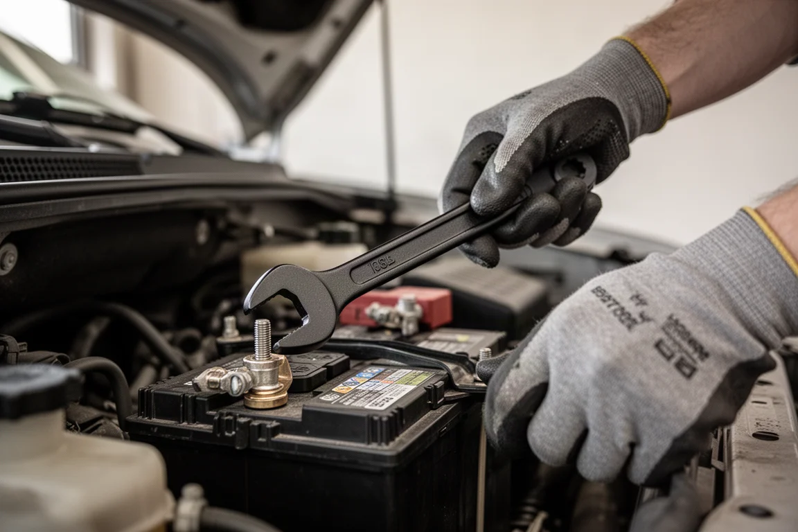 Mechaniker löst eine Batterieklemme an einem Fahrzeug mit einem abgesetzten Ringschlüssel im Motorraum