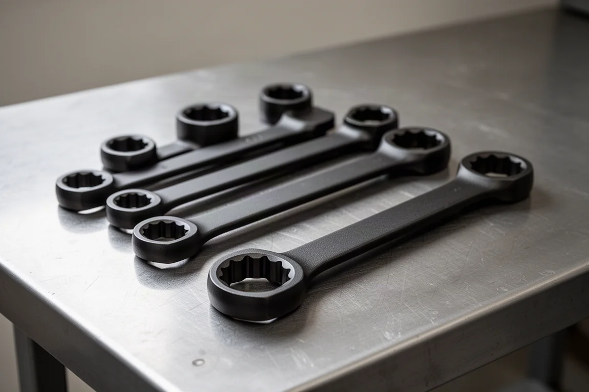 Set of matte black offset extractor wrenches fanned out on a steel workbench