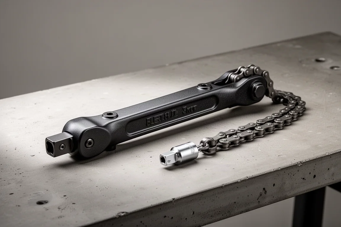 Chain-driven extension wrench set with 3/8 and 1/4 drive heads on a workbench