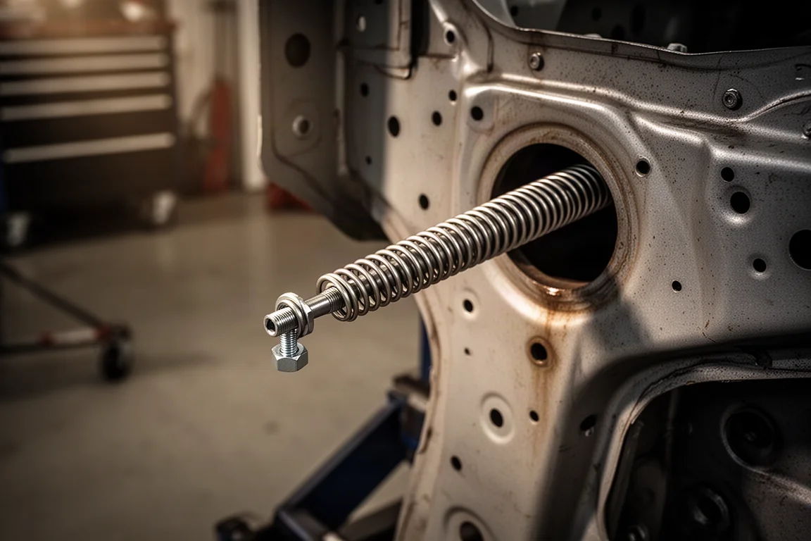 Pinza de extensión flexible alcanzando una tuerca dentro de un hueco estrecho
