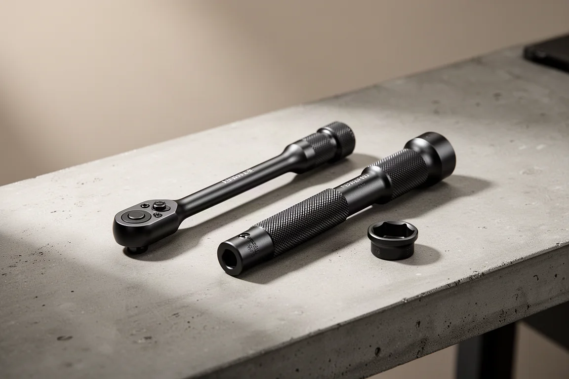 Two compact low-profile ratchets and a shallow socket on a concrete workbench