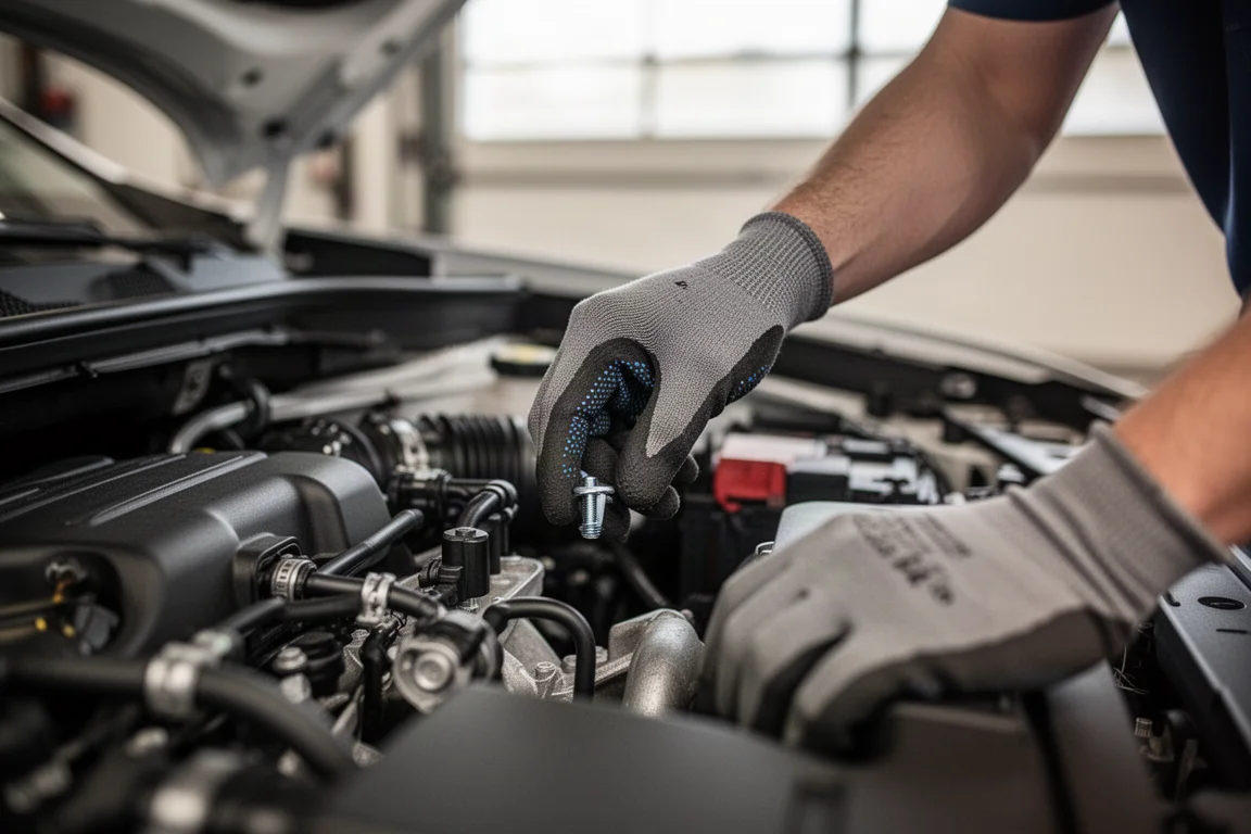 Hand eines Mechanikers zieht eine Schraube in einem engen Motorraum an