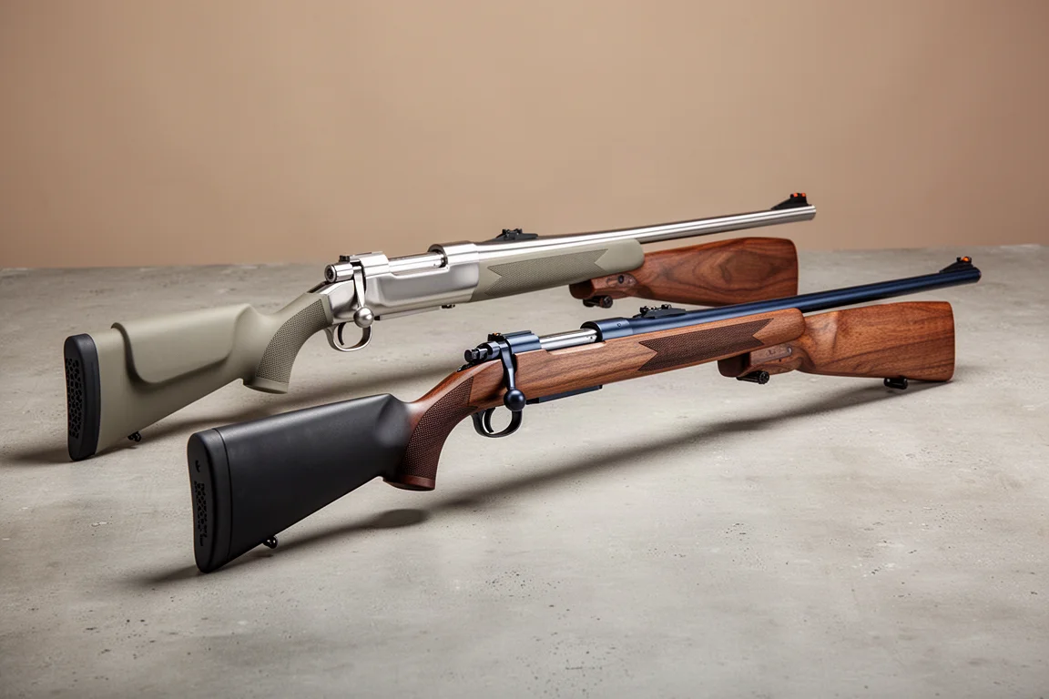 Tikka T3x and Winchester Model 70 bolt action rifles side by side on concrete