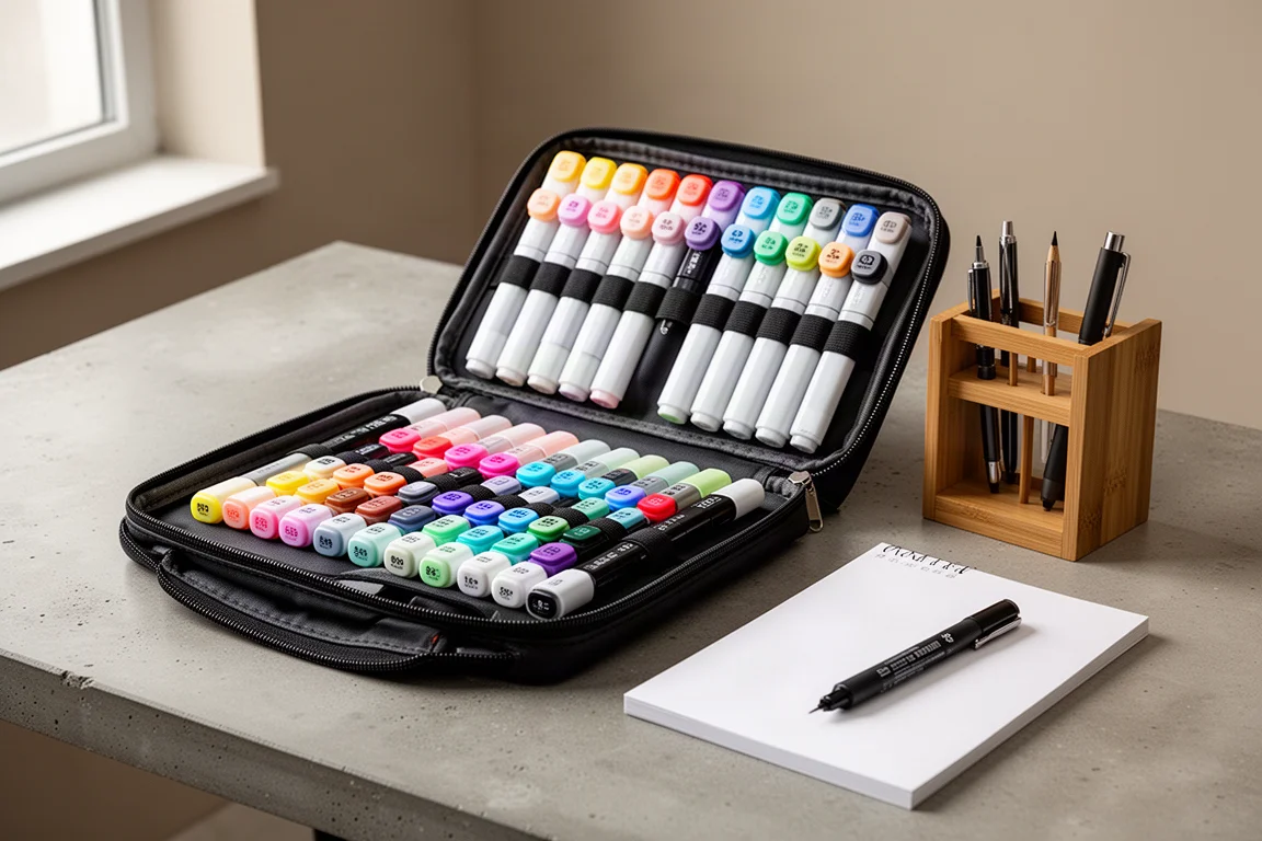 Custodia per marker, organizer in bambù, block per marker e fineliner disposti sulla scrivania di un artista