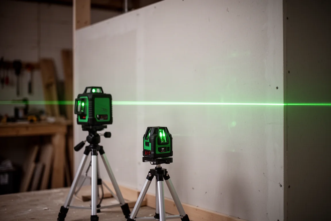 Grüner Kreuzlinienlaser projiziert eine helle horizontale Linie an die Wand einer Werkstatt