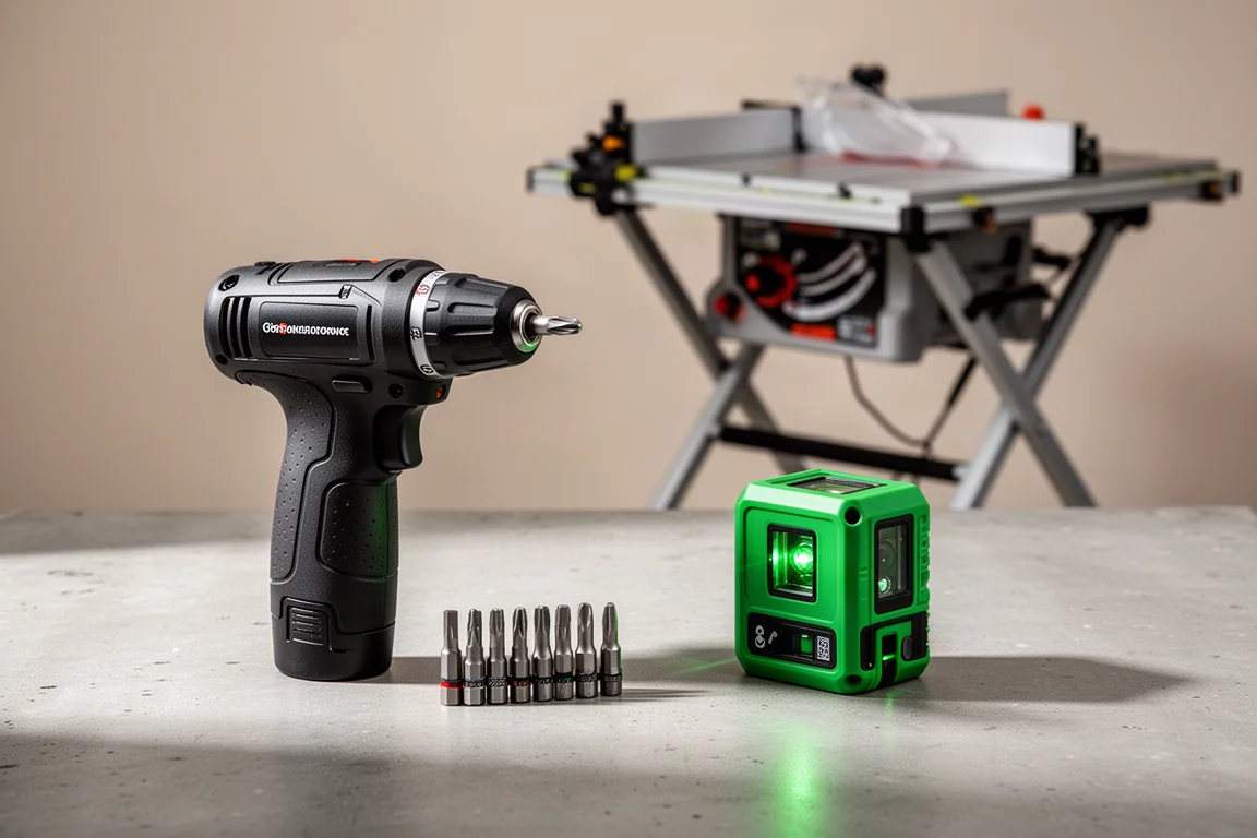 Compact electric screwdriver, green laser level, and portable table saw arranged on concrete