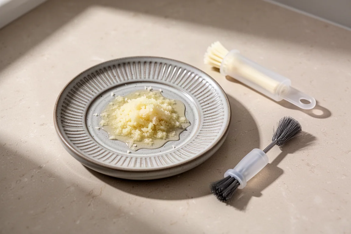 Garlic being grated against a textured ceramic plate with a small brush beside it