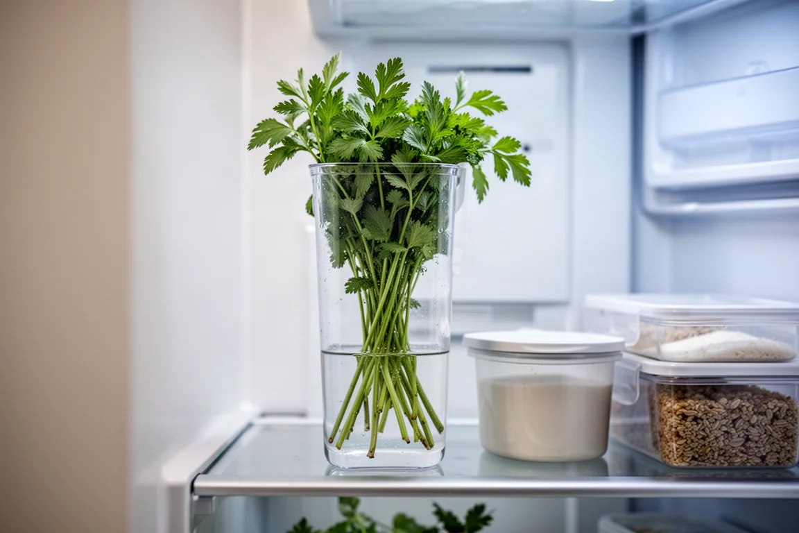 Fresh herbs standing stems-down in water inside a storage cup in a fridge