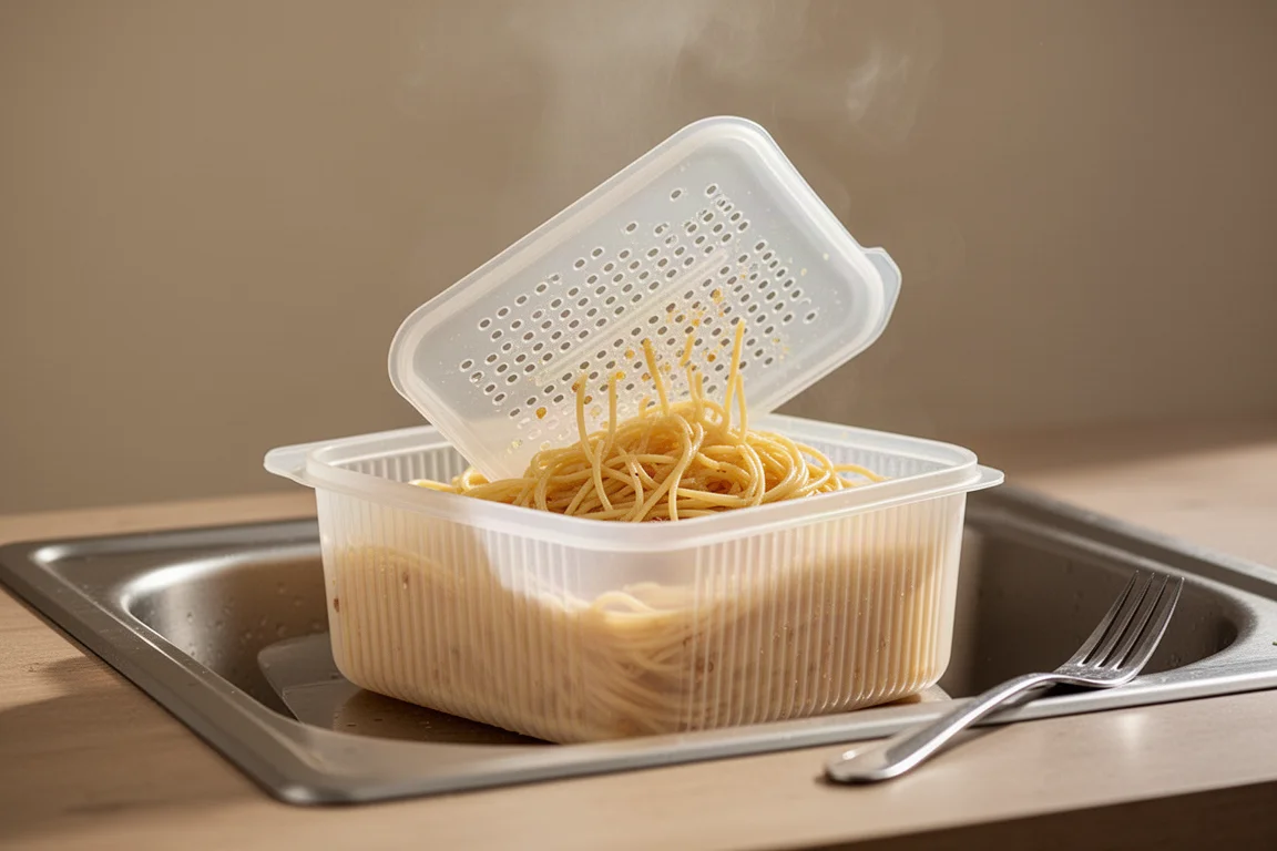 Cooked spaghetti being drained through the lid of a plastic microwave container