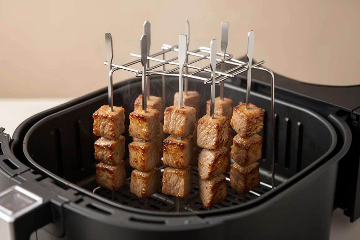 Skewers of marinated meat hanging vertically inside an air fryer basket