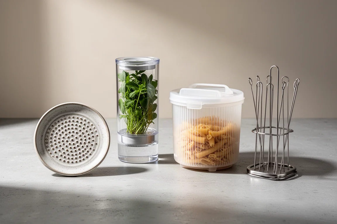 Four tested kitchen gadgets arranged on a concrete surface