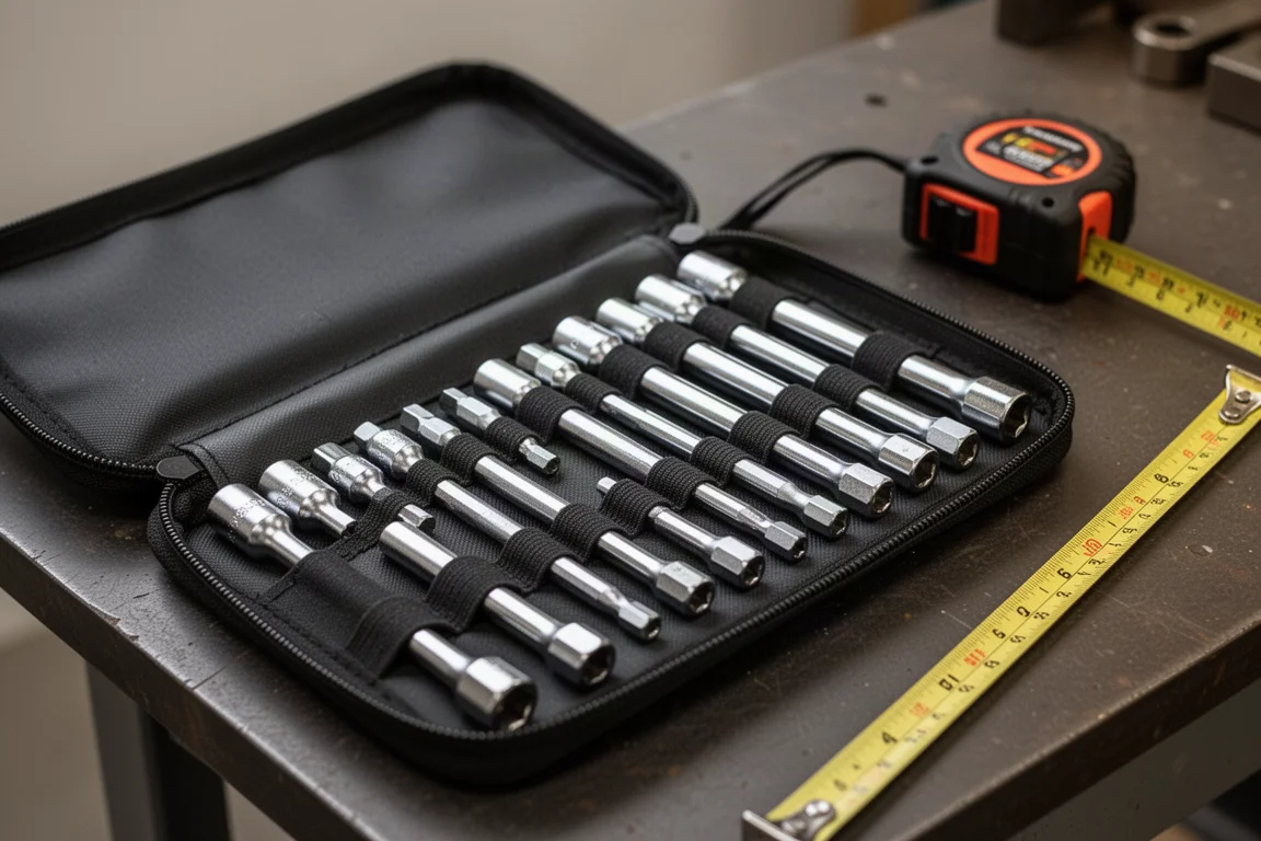 Rollo de dados magnéticos para tuercas dispuesto sobre una mesa de taller